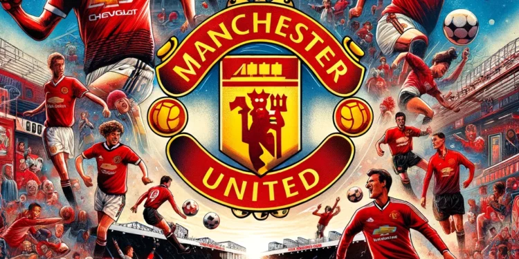 Logotipo do Manchester United cercado por imagens dinâmicas de jogadores