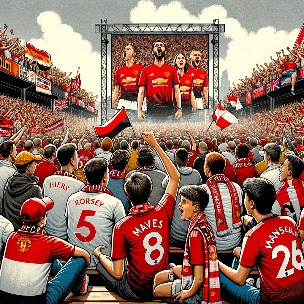Fãs do Manchester United de todo o mundo reunidos em frente a uma tela grande