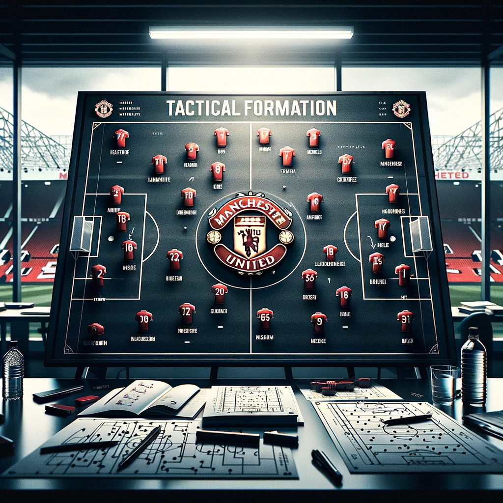 Quadro tático detalhado com o emblema do Manchester United