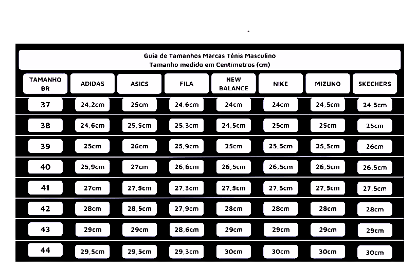 Guia de tamanhos Marcas Tenis masculino